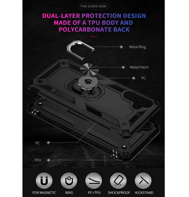 Samsung A14 4G 5G phone case Black ring armor anti drop shockproof rugged protective - My Store